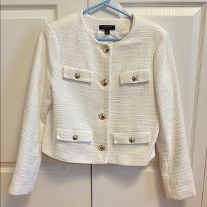 Ann Taylor White Textured Tweed Blazer with Gold Buttons Petite Medium